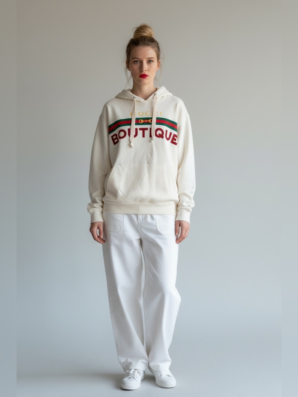 Gucci Cream Sweater with Black Trim and Red Stitching